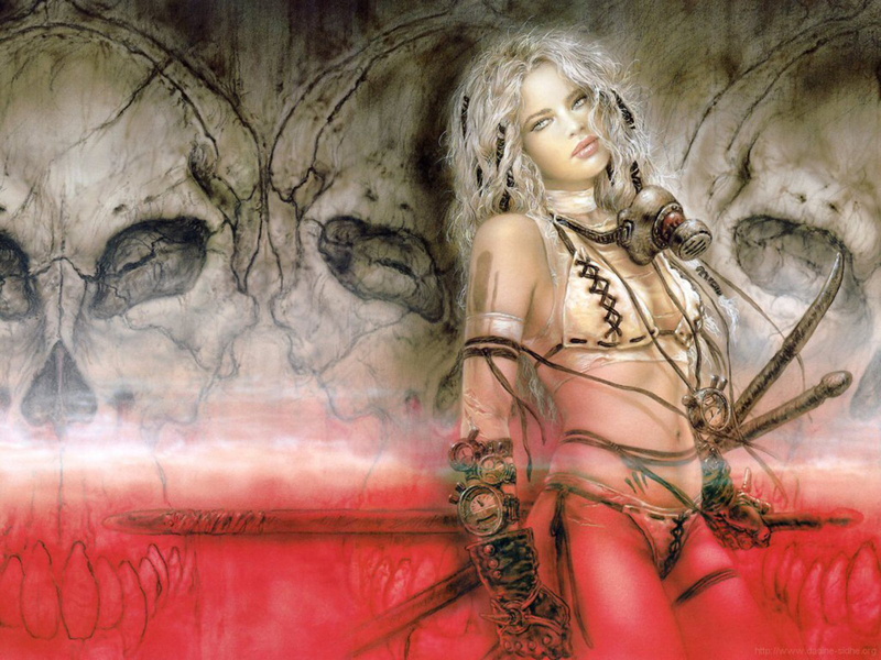 mask, 2K, girl, skulls, luis, background, desktop, blue, beautiful, gas, sword, royo