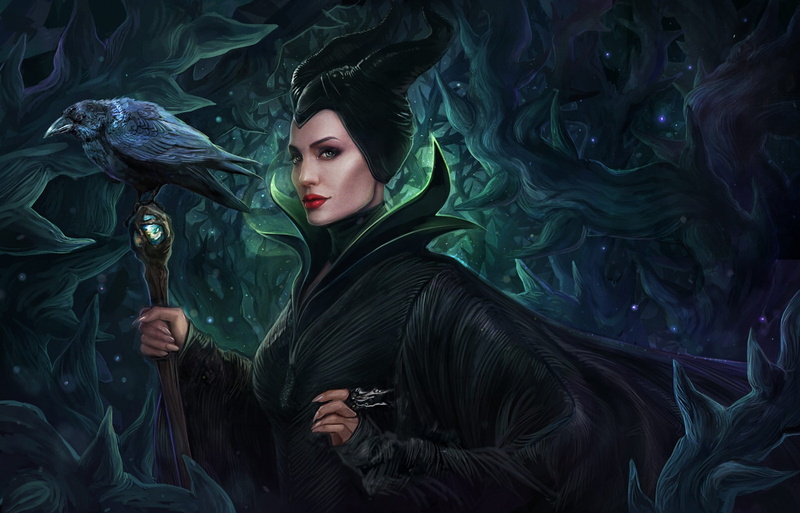 1080P, Crow, artwork, Angelina Jolie, Disney, Thorns, drawing, Maleficent