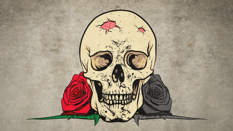 flowers, teeth, thorns, drawing, skull, digital art, rose, 1080P, simple background