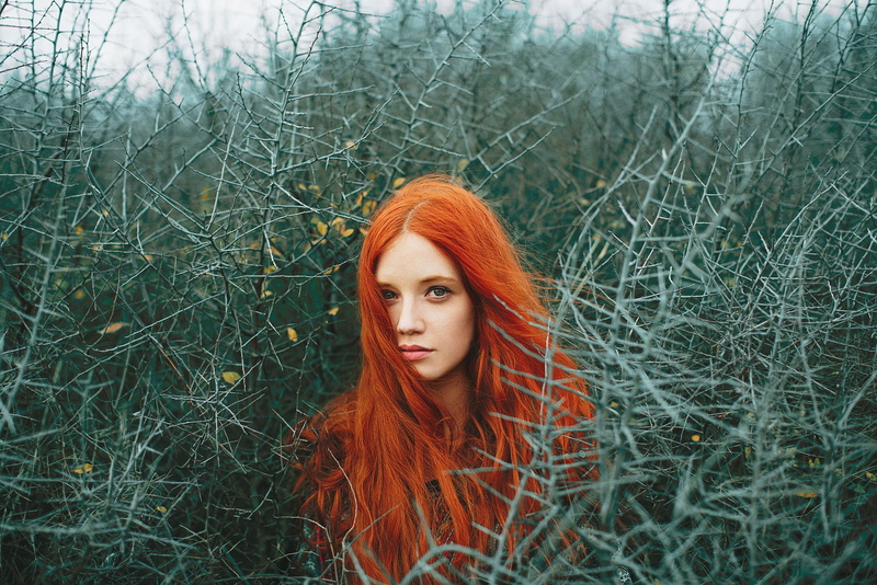 looking at viewer, windy, redhead, women outdoors, women, 1080P, face, pale, long hair, thorns, hair in face, portrait
