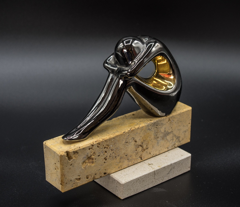 decorative, sitting, burnished, close-up, metal statue, metal figure, gold colored, studio shot, 4K, protection, equipment, wood - material, high angle view