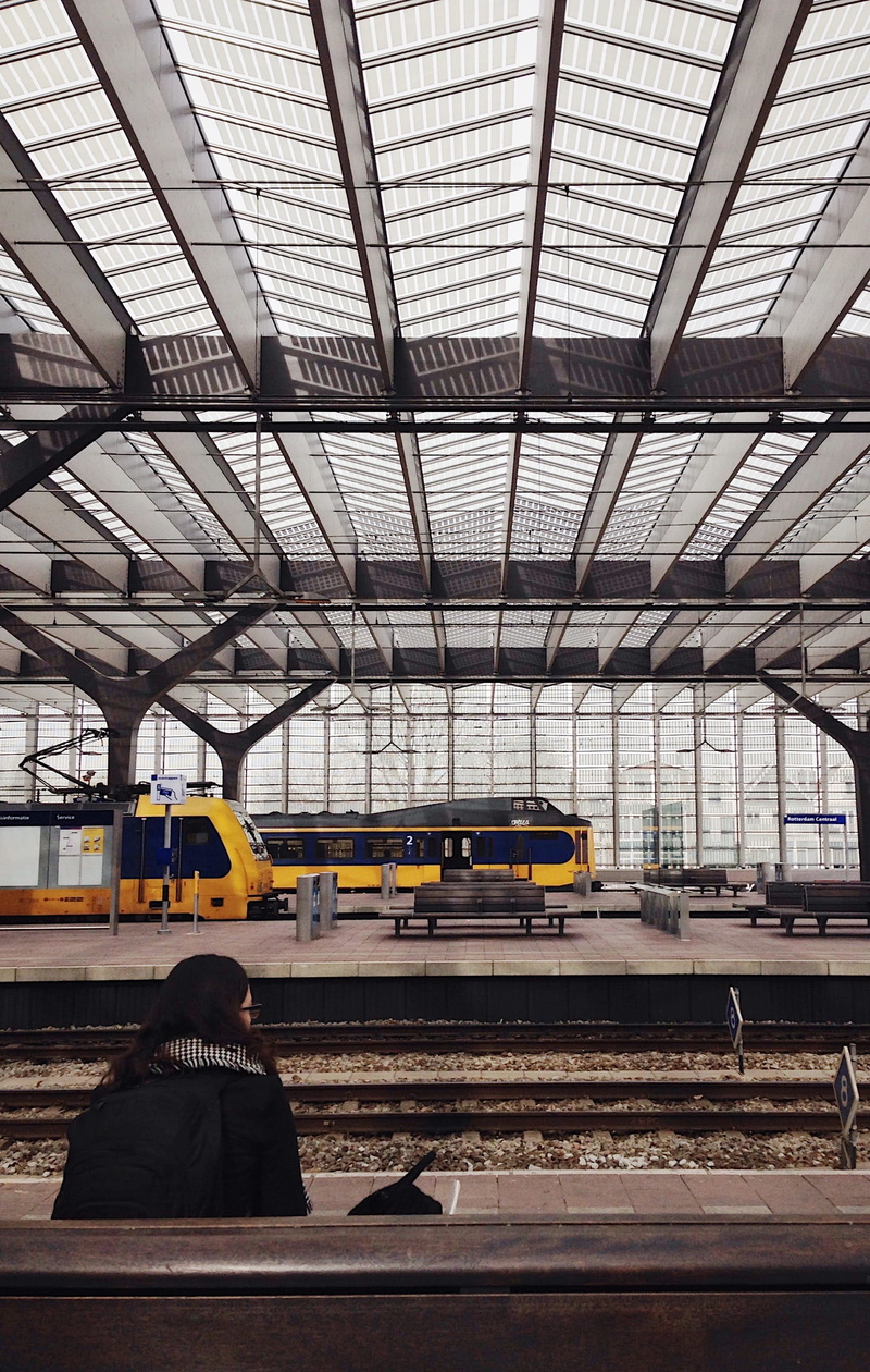 one person, ceiling, public transportation, women, train - vehicle, indoors, rail transportation, railroad track, rails, rotterdam station, rear view, railwaystation