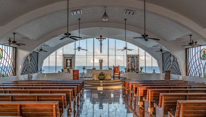 ceiling, vacation, scenic, indoors, in a row, religion, chair, guadalupe chapel, historic, mexico, lighting equipment, window, glass walls, day, tourist