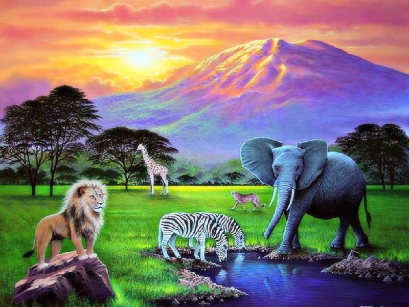 reflections, landscapes, wildlife, lions, nature, creative-pre--made, 1080P, drawings, mountains, trees, animals, elephants, grass, endangered, amp