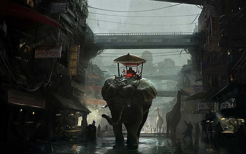 arts culture and entertainment, water, built structure, architecture, building exterior, fantasy art, 1080P, elephant, transportation, the past, reflection