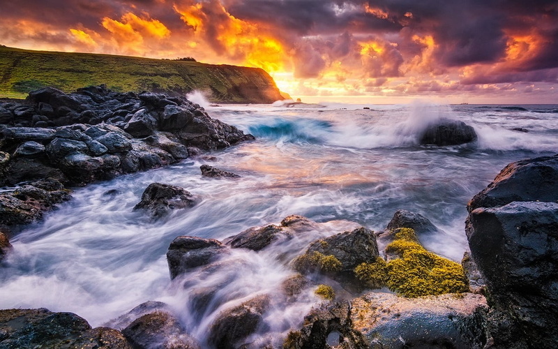outdoors, black, waves, motion, brown, solid, long exposure, Chile, sunset, sky, beach, nature, rocky coastline, power in nature, rock, landscape, scenics - nature