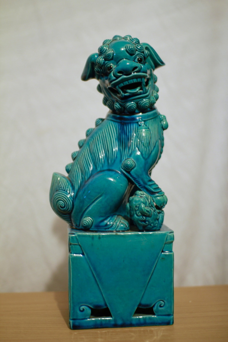 chinese, craft, turquoise colored, foo dog, no people, animal, superstition, figurine, foo lion, flooring, indoors, table, blue, green color, representation