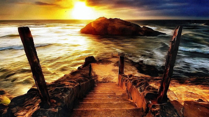 sky, rock, water, 2K, sunlight, sea, artwork, steps, no people, waves, horizon, cloud - sky, outdoors, tranquility, direction, coast, tranquil scene, horizon over water