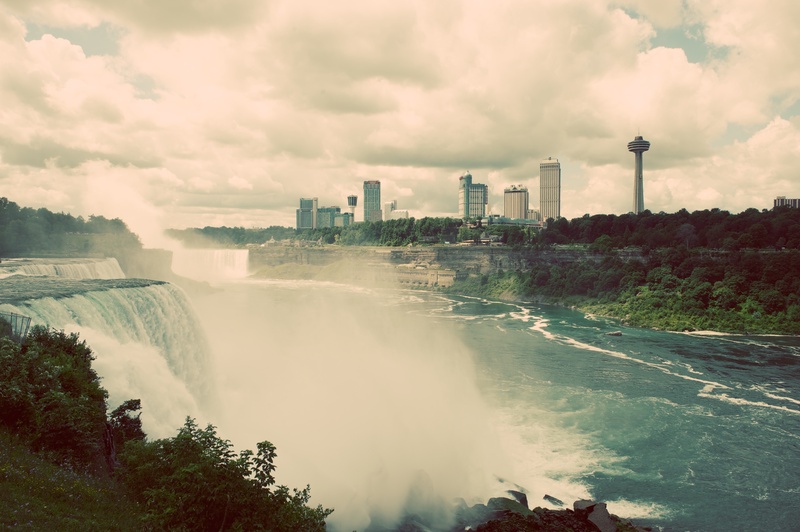 niagara falls, white, outdoors, flowing water, cloud - sky, tourism, vacation, building, canadian, waterfall, sky, niagara, falls, skyscraper, landmark