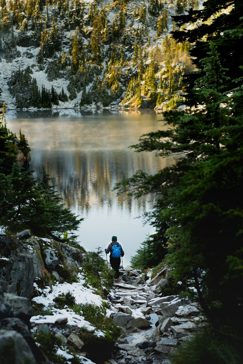 person, lifestyles, rear view, nature, snow lake trail, mountain, real people, abies, one person, conifer, tranquility, scenics - nature, day, beauty in nature