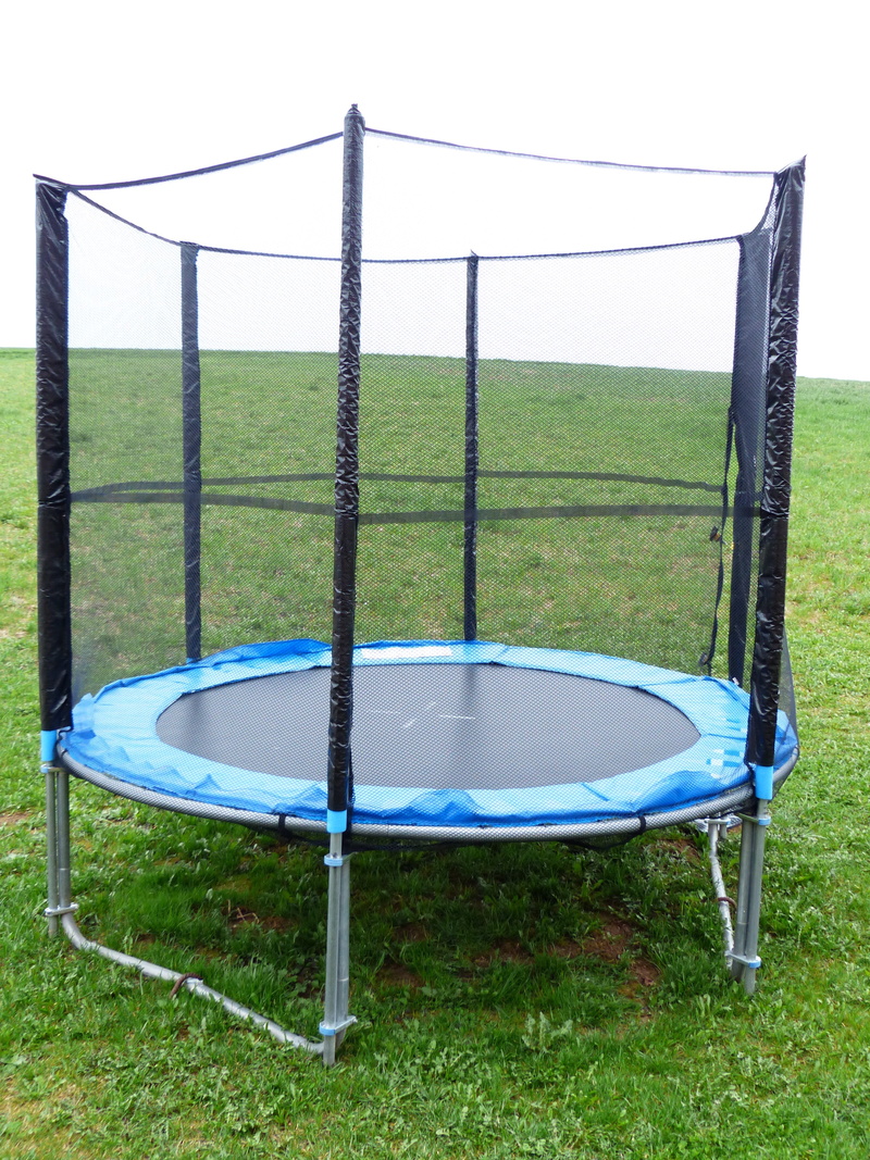 field, empty, garden trampoline, relaxation, blue, metal, no people, sport, plant, tranquility, Sports Equipment, Trampoline, land, nature, sky, game device