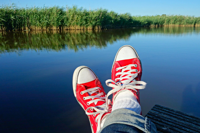 human foot, low, tranquility, wearing, lake, star, sitting, low section, plant, fashion, human leg, red, top, day, canvas shoe, outdoors, blue, human body part