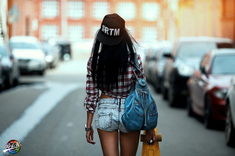 back, car, hairstyle, young women, city street, street, women, road, skateboard, adult, model, architecture, three quarter length, 720P, motor vehicle