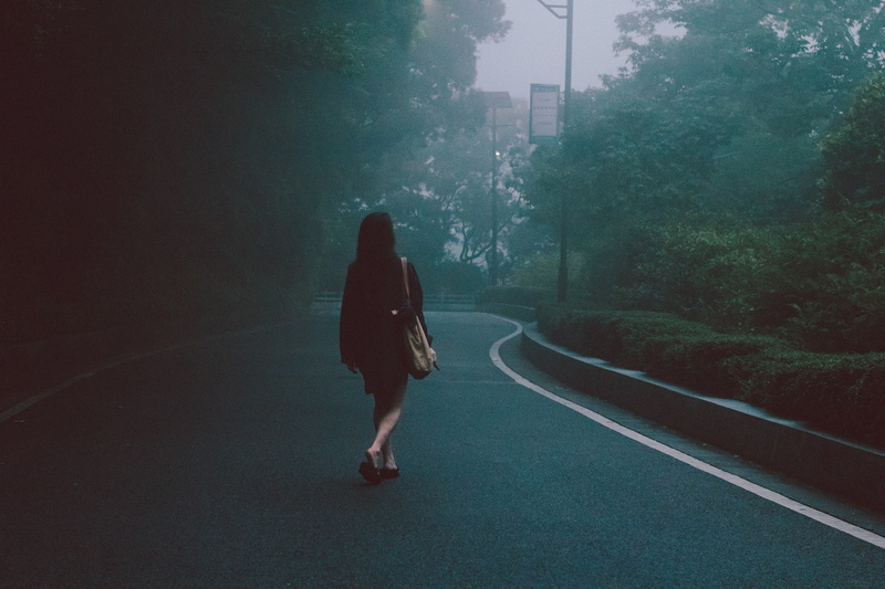 mist, back, outdoors, architecture, direction, nature, standing, road, building exterior, real people, plant, lifestyles, one person, built structure, the way forward
