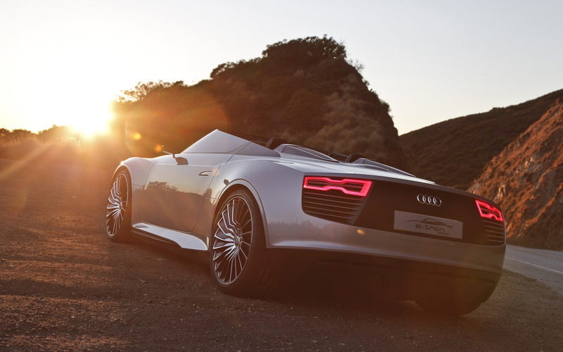 retro styled, Spyder, motor vehicle, Audi, sunlight, tire, car, tree, mountain, vehicle, road, wheel, transportation, sunset, sun, sky, lens flare, back lit
