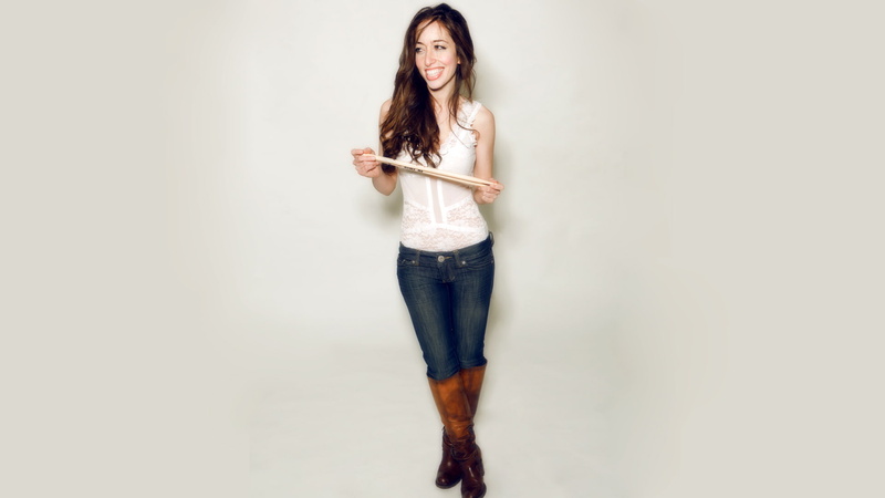 jeans, Drummer, hairstyle, full length, women, simple background, beautiful woman, one person, long hair, front view, smiling, indoors, looking at camera