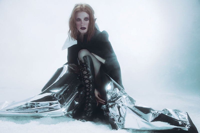 1080P, celebrity, Jessica Chastain, black high-heels, long boots, looking at viewer, black, mist, black boots, black clothing, Gothic, black coat, makeup