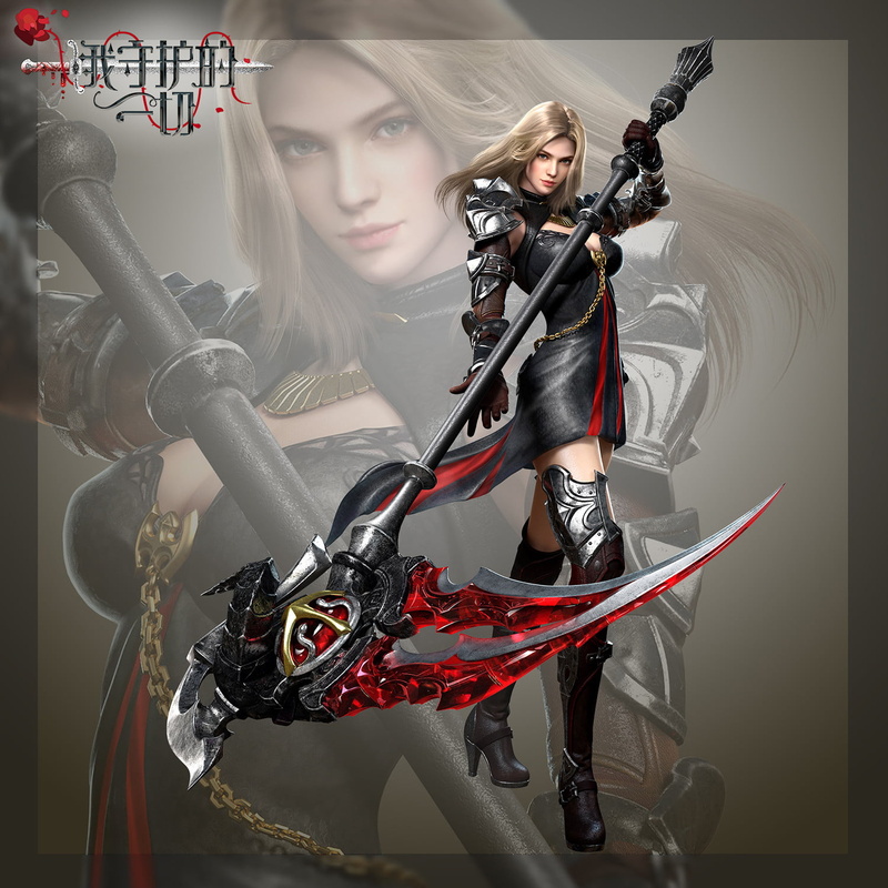 drawing, women, high heeled boots, scythe, 720P, gloves, blonde, thigh high boots, dress, warrior, red clothing, 3Q Studio, wind, armor, weapon, black clothing