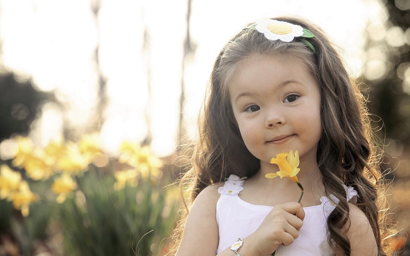 little girl, smiling, flowers, brunette, 2K, children