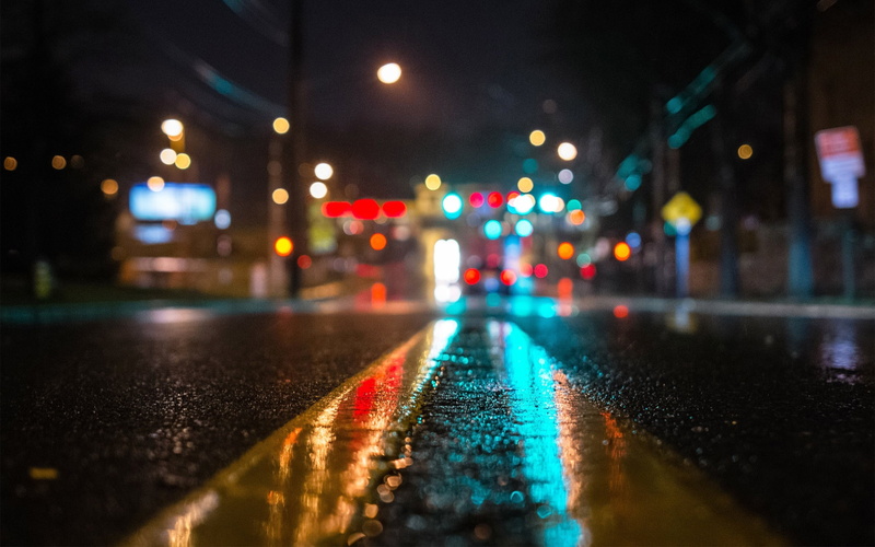 bokeh, rain, lights, light, road, asphalt, street, Night, close-up, 2K