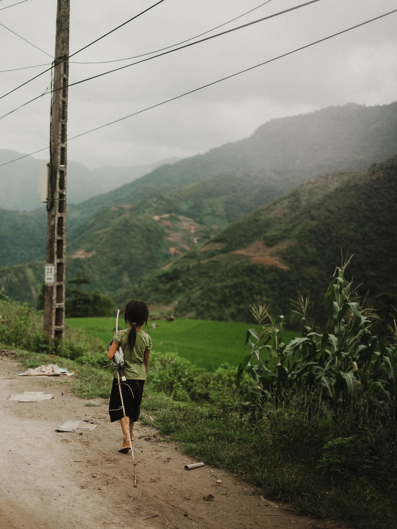 walking, stick, path, scenics - nature, apparel, girl, human, one person, electric transmission tower, along, view, green color, real people, environment