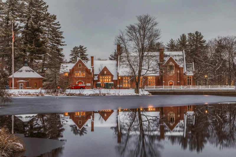 religion, gray, winter, building, plant, snow, belief, cold temperature, brown, white, reflection, photo, nature, place of worship, roof, wood - Material