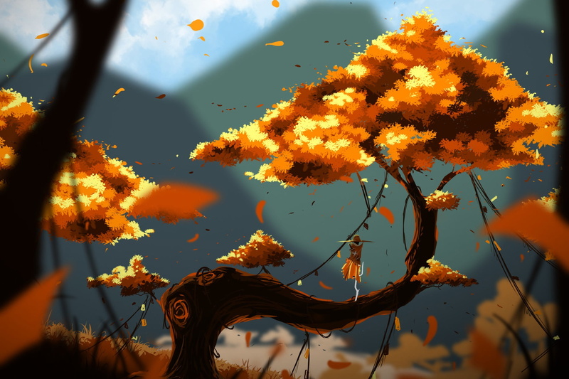 1080P, artwork, Kung Fu Panda, leaves, blurred, nature, fall, landscape, branch, fallen leaves, digital art, plants, trees