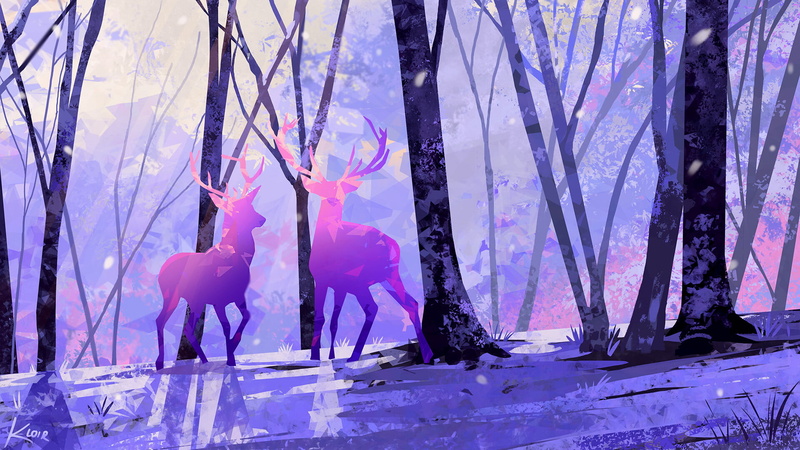 tree bark, artwork, fallen leaves, digital art, deer, leaves, forest, animals, horns, shiny, Samantha Lee, trees, 1080P, digital painting, ArtStation
