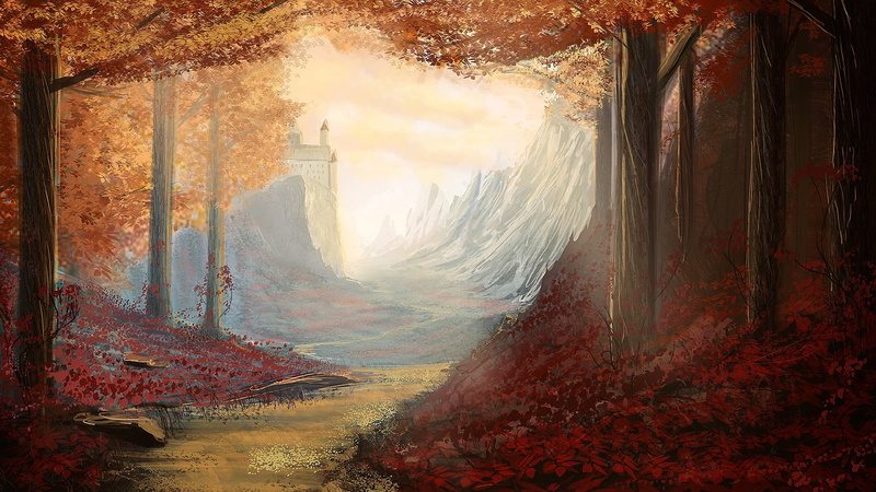 fallen leaves, forest, castle, fantasy art, digital art, 1080P, fall, trees, mountains, Siberion Snow, painting, illustration