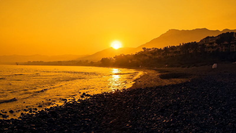 pebbles, sky, no people, tranquility, tranquil scene, silhouette, reflection, 1080P, landscape, mountains, sun, sunlight, idyllic, land, water, scenics - nature