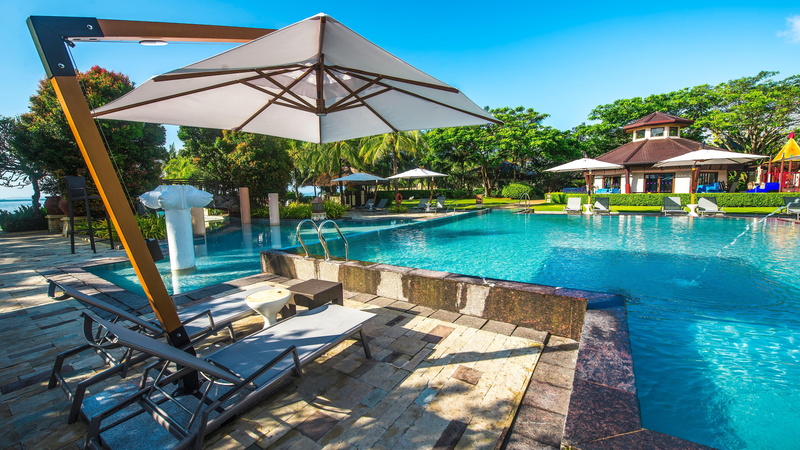 no people, sunlight, hotel, 5K, summer, nature, crimson resort and spa, built structure, swimming pool, outdoors, vacation, tree, clear water, plant