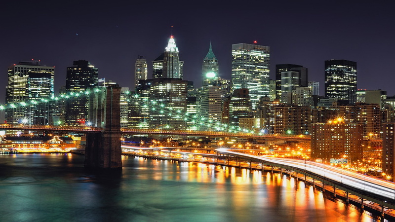 night, city, bridge, long exposure, New York City, 1080P, city lights