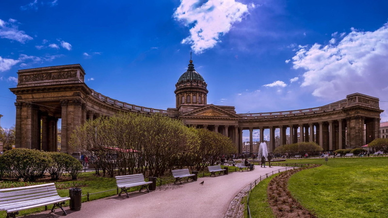 kazan, concrete, grass, st. petersburg, cathedral, brown, kazan cathedral, world, 1080P, temple, russia, europe, 1920x1080, cloud