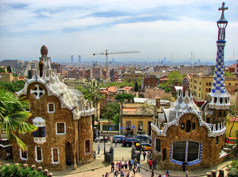 cityscape, Gaudi, building Exterior, outdoors, walking, people, city, panorama, colors, place of worship, large group of people, urban Scene, residential district