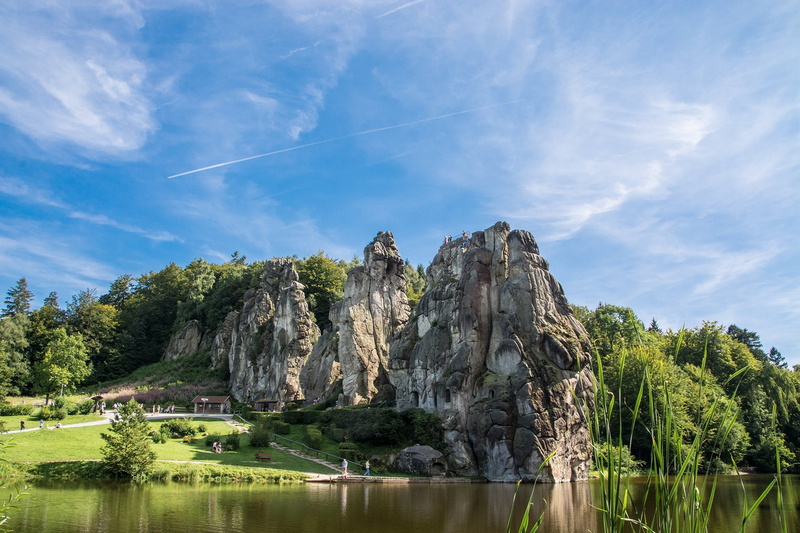 externsteine, scenics - nature, pond, wiembecke, day, cloud - sky, germany, rock, outdoors, tranquility, beauty in nature, lake, plant, park, cliff, mystical