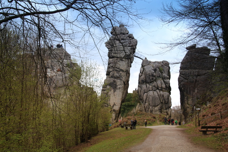 group of people, rock, rock - object, bare tree, lip, landscape, road, 5K, real people, externsteine, teutoburg forest, sky, beauty in nature, the way forward