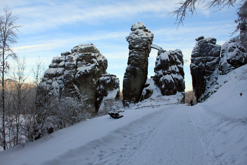 snow, tranquility, stones, tree, externsteine, nature, field, cloud - sky, beauty in nature, day, non-urban scene, covering, white color, teutoburg forest