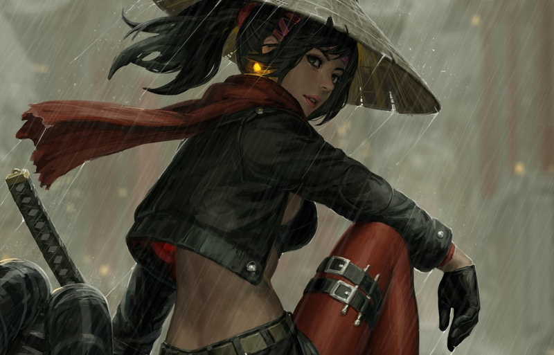 arts culture and entertainment, Fantasy, clothing, costume, security, umbrella, Asian Conical Hat, Rain, Woman Warrior, Samurai, headwear, motion, hairstyle