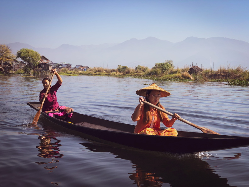 hats, women, oar, mode of transportation, beauty in nature, scenics - nature, 4K, mountain, waterfront, two, reflection, sitting, rowing, nautical vessel