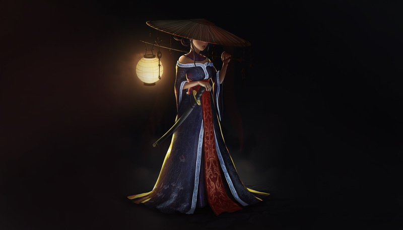 Girl, Asian Conical Hat, Lantern, 2K, Fantasy, Women Warrior, Woman Warrior, Katana, Asian