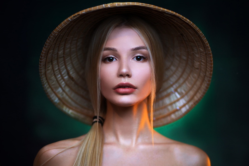 hat, woman, lipstick, model, asian, face, brown, 1080P, conical, eyes, blonde, girl