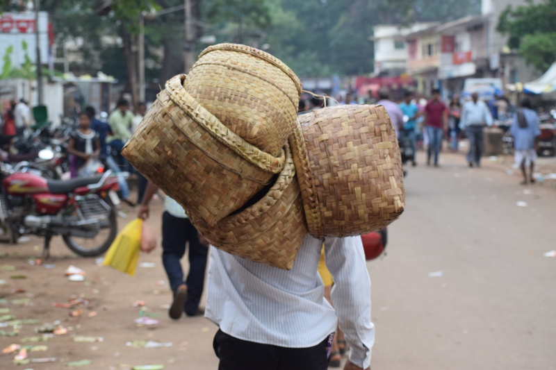 Market, town, one person, basket, street, walking, day, city, asian style conical hat, carrying, road, container, man, adult, rear view, pedestrian, 5K
