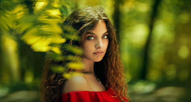 brunette, women, 720P, curly hair, model, green eyes, bokeh, photography, neckless, looking at viewer, pink lipstick, red dress, women outdoors