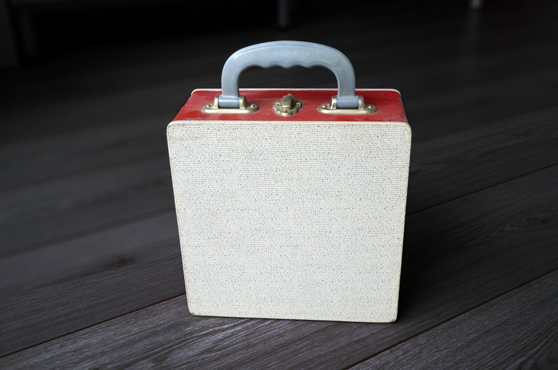 4K, case record box, single Object, suitcase, depth, old, table, singles suitcase, vintage portable vinyl record box, message, music, copy space, white color