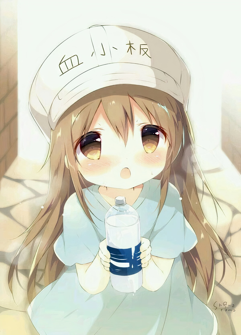 anime girls, blue dress, 2K, long hair, Hataraku Saibou, Platelet-chan, baseball cap, loli, brown eyes, brunette, blush