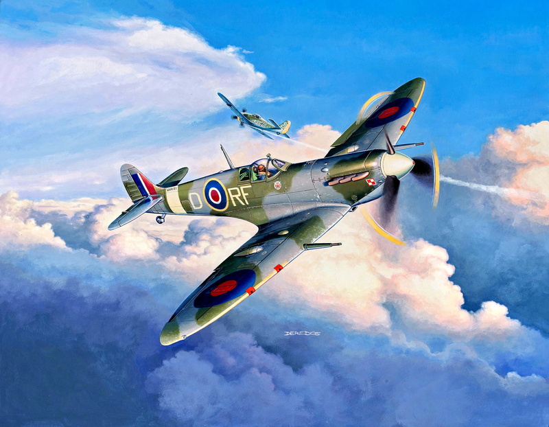 aircraft, British, painting, WWII, Spitfire Mk.Vb, fighter, 1080P, Fw.190A, Royal Air Force, Supermarine