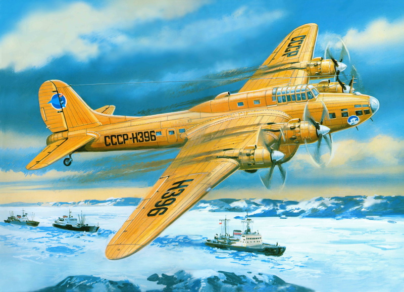 day, h, polar, far, side view, Of the Soviet Union., four-engine, air vehicle, cloud - sky, antique, PE-8, art, outdoors, aviation, aerospace industry