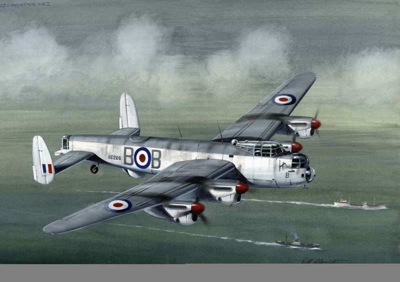 four-engine, heavy, bomber, figure, 5K, the sky, ships, Lancaster, flight, British, art, sea, clouds
