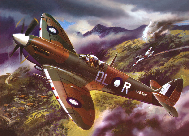 English, mountains, the sky, lined, home, vegetation, Spitfire - 8, figure, the plane, The second world war, 5K, fighter, art, Japanese