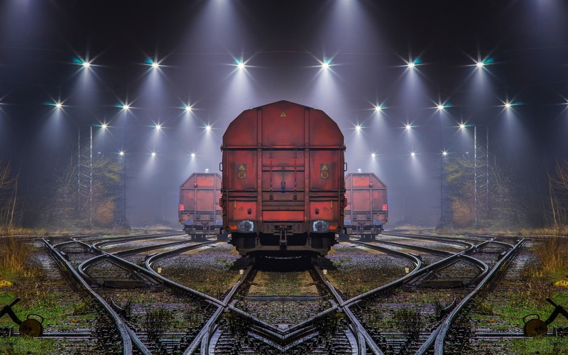 lights, technology, night, landscape, symmetry, shrubs, machine, railway, 1080P, train, mist